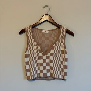 Cropped Checkered Sweater Vest Women M Brown Tank Y2K Knit Academia Punk Edgy